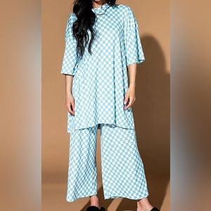 Dressed in Lala | LALA ORIGINAL: Lex Ribbed Checkerboard Playsuit in Blue Skies